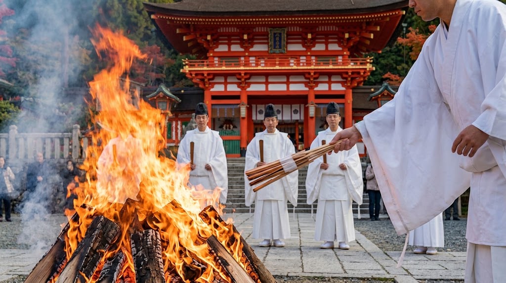 神職が祈願の込められた火焚串を燃え盛る神火へ投焚する儀礼シーン