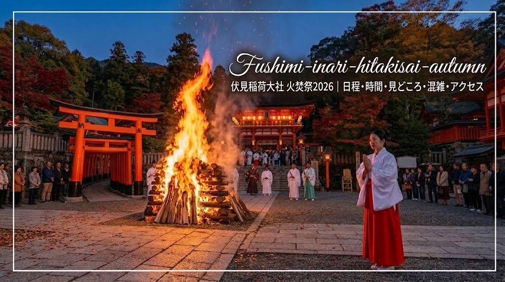 秋の伏見稲荷大社で朱色の鳥居と紅葉を背景に神聖な火が燃え盛る火焚祭のアイキャッチ