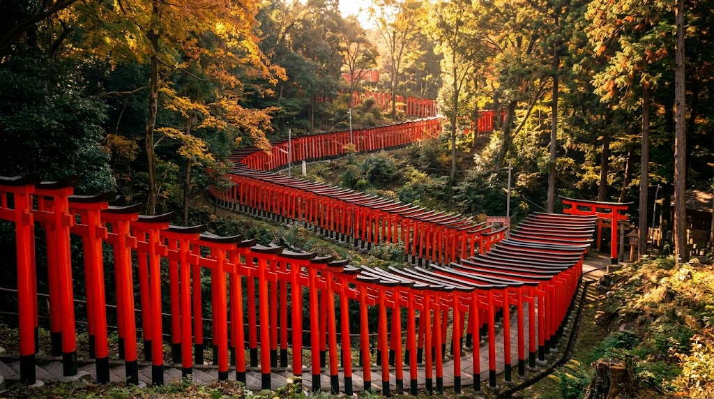 秋の紅葉と柔らかな木漏れ日に包まれる京都・伏見稲荷大社の千本鳥居
