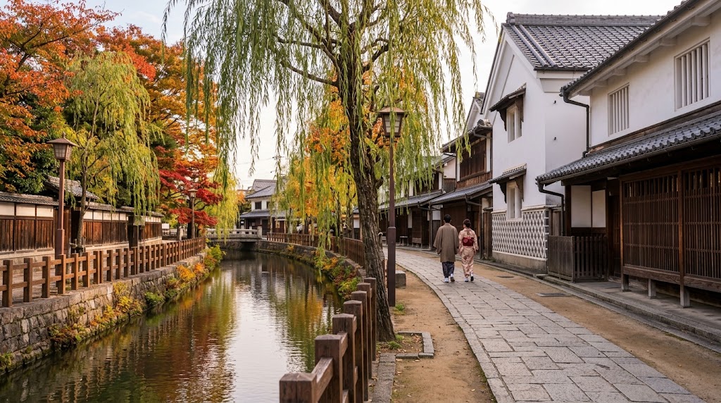 濠川(ほりかわ)沿いに建つ伏見の白壁の酒蔵と、紅葉や柳の木々の間を歩く着物姿の観光客