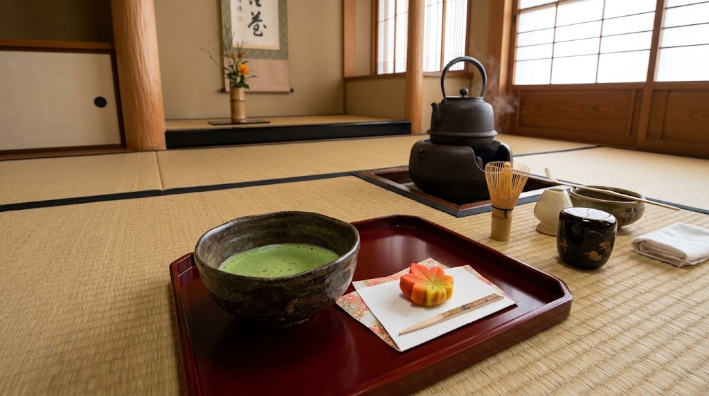祇園をどりのお茶席で振る舞われる抹茶と秋の紅葉の和菓子