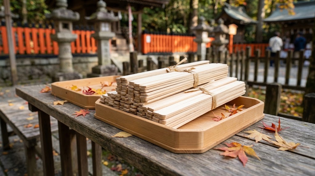 秋の境内に用意された、願いを託すための束ねられたたくさんの火焚串(護摩木)