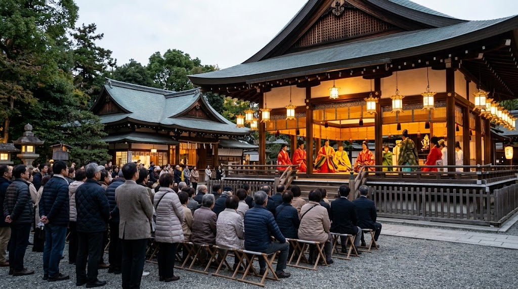 夕方の護王神社本殿ノ儀。ライトアップされた拝殿で儀式を行う神職とそれを見守る多くの参拝客