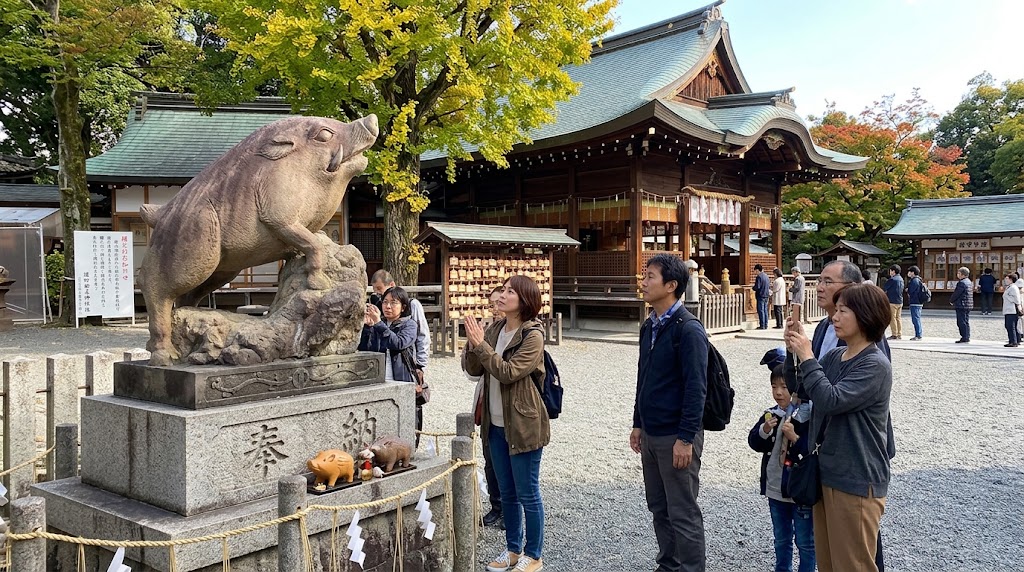 昼の護王神社境内に鎮座する狛猪(こまいのしし)の石像と、それを見学・参拝する観光客たち