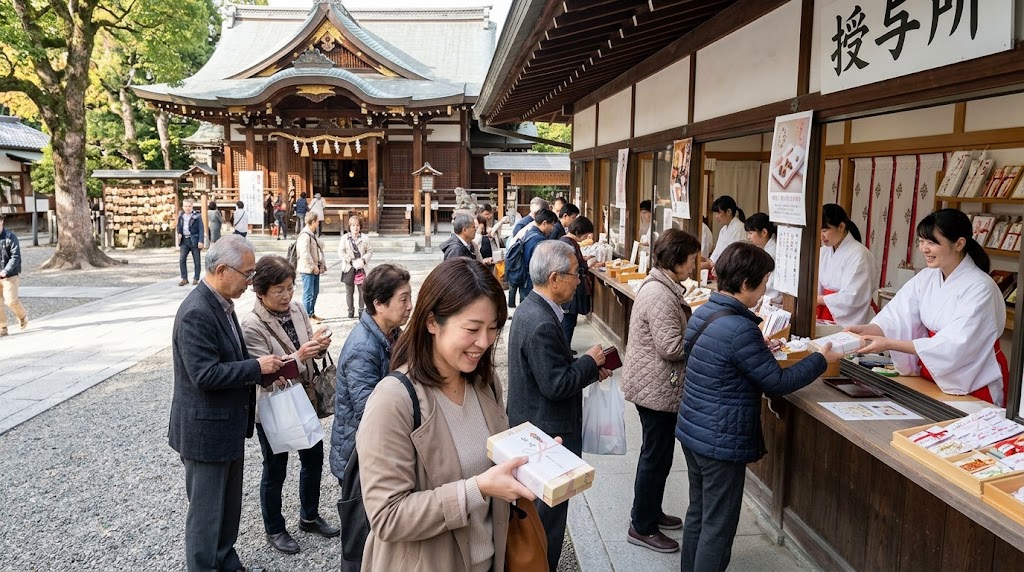 昼間の護王神社の授与所で、参拝客が列を作り記念の亥子餅(いのこもち)の箱を買い求める様子