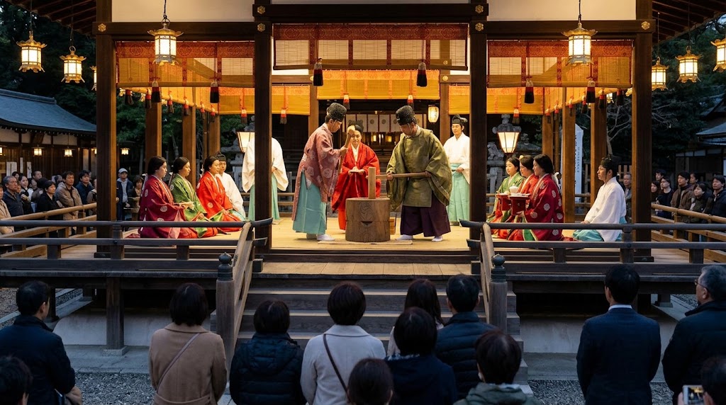 護王神社拝殿での御舂ノ儀(おつきのぎ)。平装束の奉仕女房と神職が古式に沿って餅をつく様子