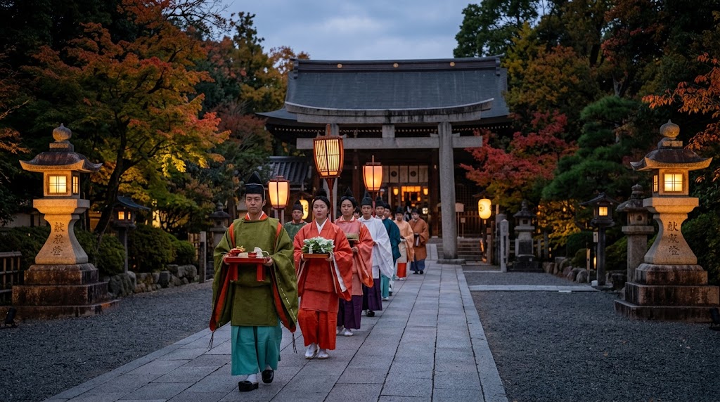 護王神社の亥子祭にて、平安装束をまとった男性の一行が、夜の参道を灯籠に照らされながら練り歩く禁裏御玄猪調貢ノ儀の様子
