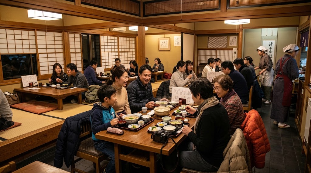 京都・東山周辺の歴史ある和食店(食事処)の店内。清水寺参拝の前後や散策の合間に、座敷やテーブル席で温かい和食や夕食を囲みながら談笑する家族連れや観光客。