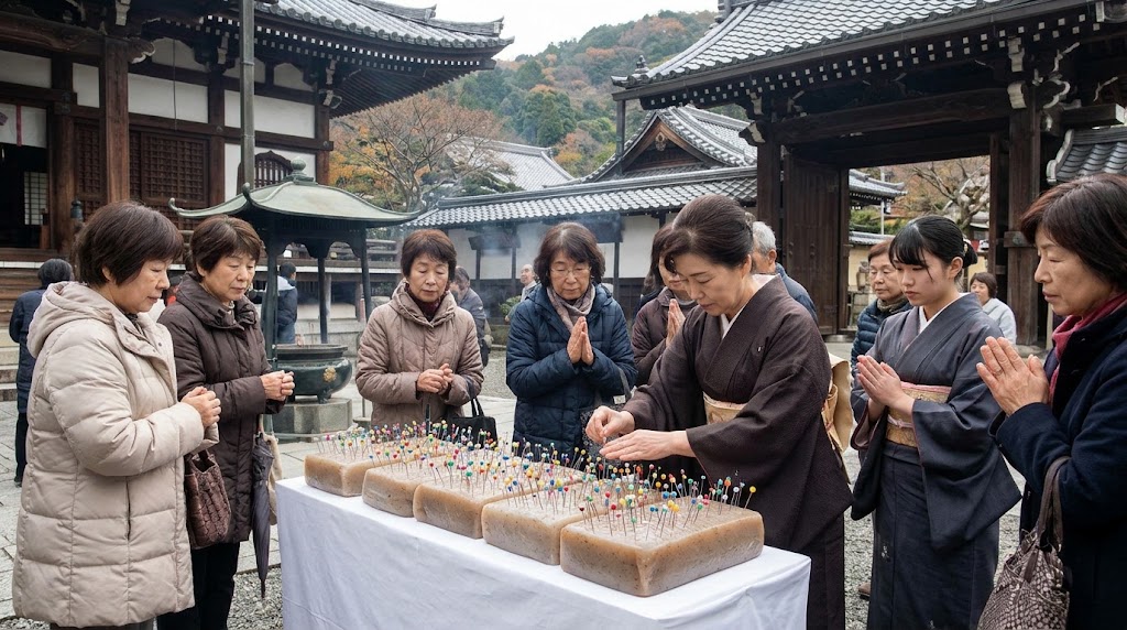 2月8日、京都嵐山の法輪寺で、和装やコート姿の参拝客たちが大きなこんにゃくに感謝を込めて色とりどりの針を刺す針供養の光景