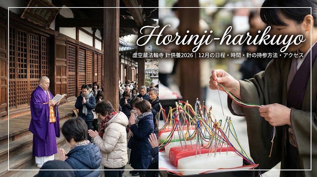 京都・嵐山法輪寺の針供養法要で読経する僧侶と手を合わせる参拝客、および紅白こんにゃくに大針を刺す着物姿の女性の様子