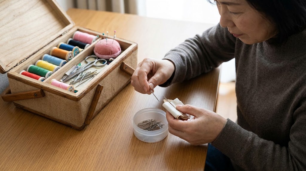 自宅のテーブルで、裁縫箱から古い針や折れた針を取り出し、持ち運び用の小さなケースに安全にまとめる日本人女性の手元