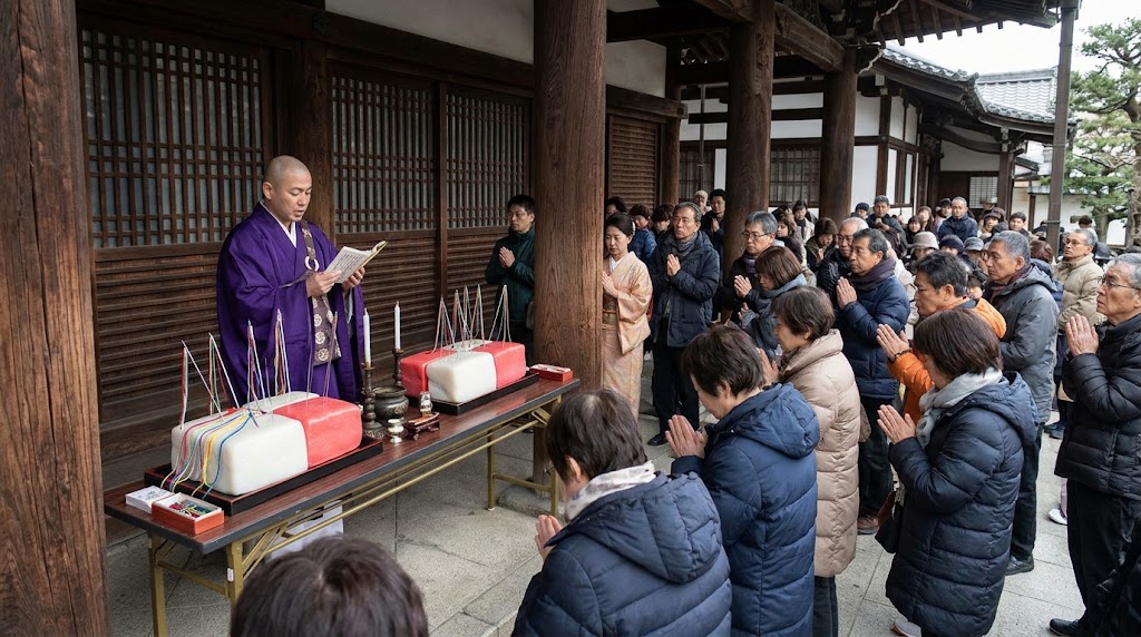 京都・嵐山の法輪寺本堂前で、紫色の法衣を着た僧侶が読経し、多くの参拝客が手を合わせる「針供養法要」の様子