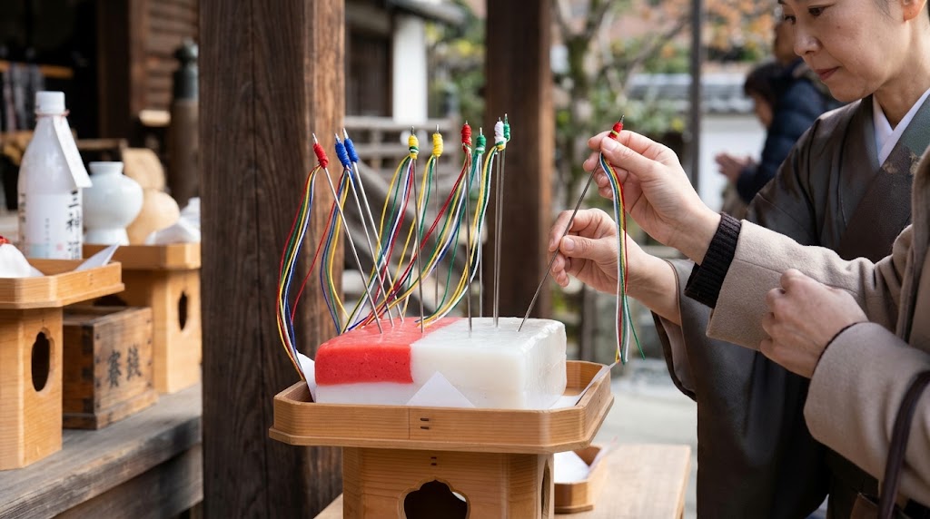 法輪寺の針供養で、五色の飾り糸がついた長い大針を紅白の大きなこんにゃくにそっと刺す参拝客の手元