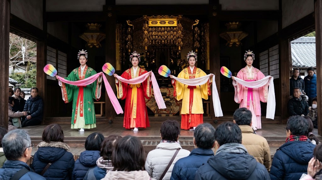 法輪寺の舞台で、色鮮やかな古代装束をまとい、うちわや布を手にして伝統芸能「織姫の舞」を奉納する女性たちと、それを見つめる大勢の参拝客