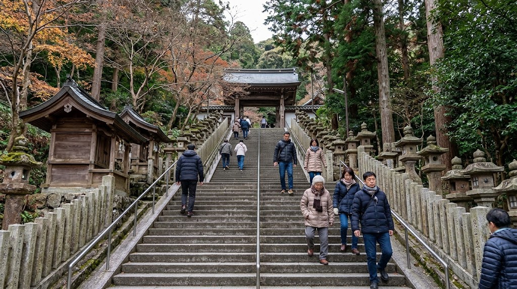 京都・嵐山にある虚空蔵法輪寺の、山門へと続く木々に囲まれた高低差のある石段を上り下りする参拝客たちの風景