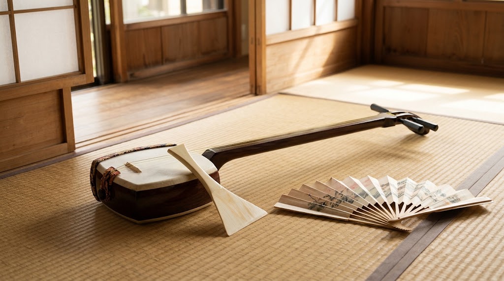 畳の上にしとやかに置かれた、伝統的な日本の弦楽器「三味線」と「撥(バチ)」、そして美しく開かれた和風の「扇子(せんす)」。障子戸から差し込む自然な光に照らされた、温かみのある和室の風景。長唄や邦楽といった寿会の舞台を支える伝統芸能の道具たち。