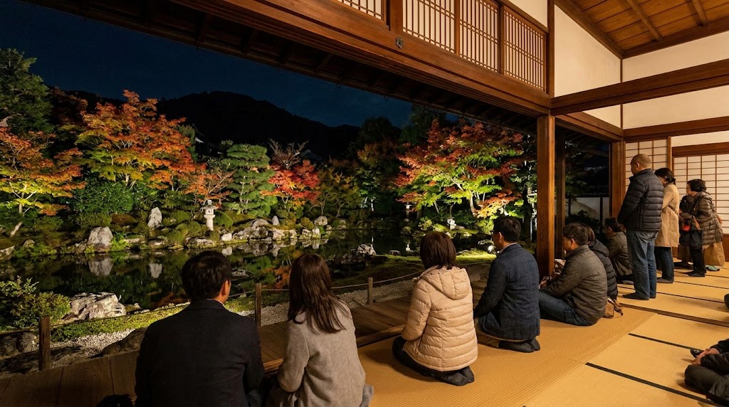 特別公開される清水寺の塔頭・成就院の「月の庭」。開放された和室(書院)の畳の上に座り、ライトアップされた美しい池泉回遊式庭園と夜の木々を静かに鑑賞する参拝客たち。