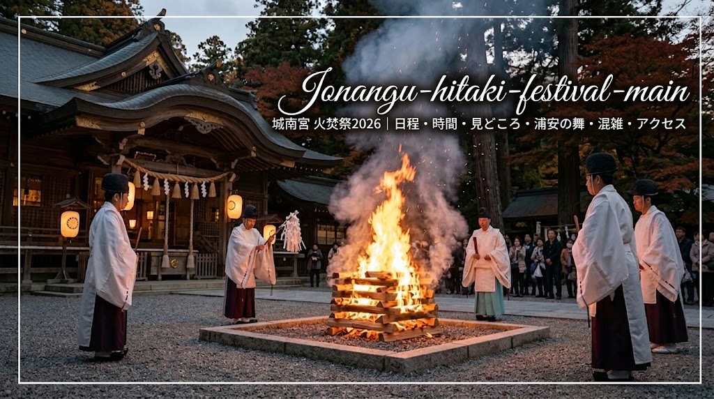 秋の京都・城南宮で、立ち上る巨大な炎を神職と大勢の参拝者が見守る「火焚祭」の様子