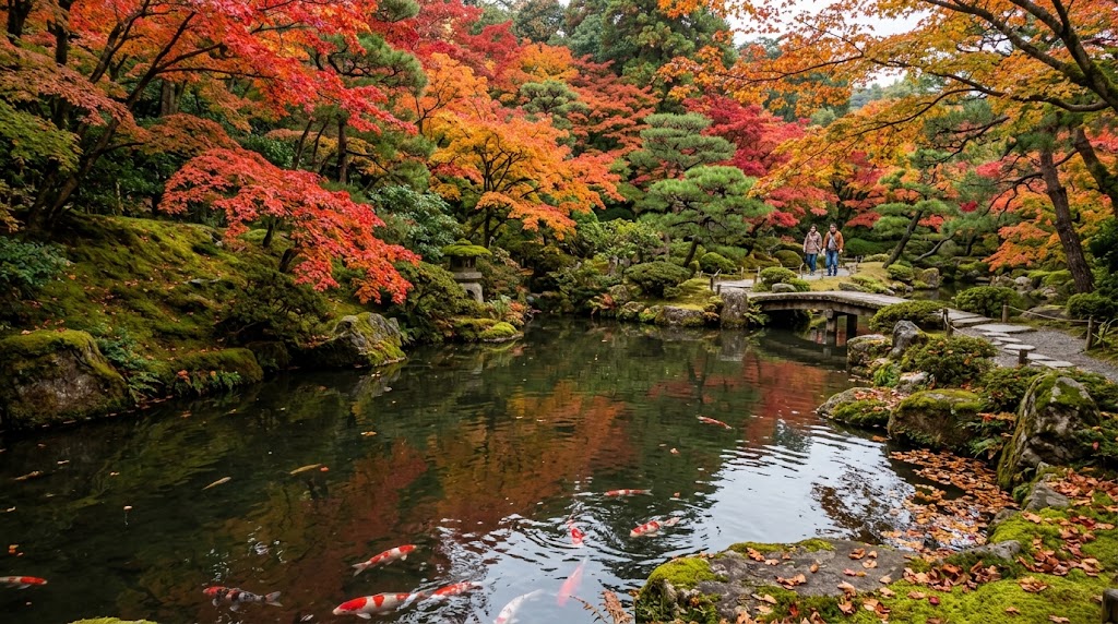 色鮮やかな紅葉が池に映り込み、錦鯉が泳ぐ城南宮の神苑(日本庭園)