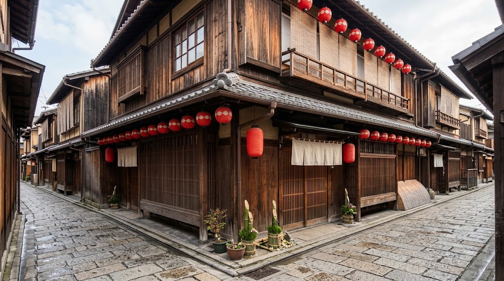京都・上七軒歌舞練場をイメージした、風格ある2階建ての伝統的な木造建築(町家・茶屋様式)。格子戸(こうしど)や歴史を感じる瓦屋根、軒下にずらりと掲げられた赤と白の提灯(ちょうちん)が並ぶ、静かな石畳の路地の風景。落ち着いた和の風情が漂う外観。