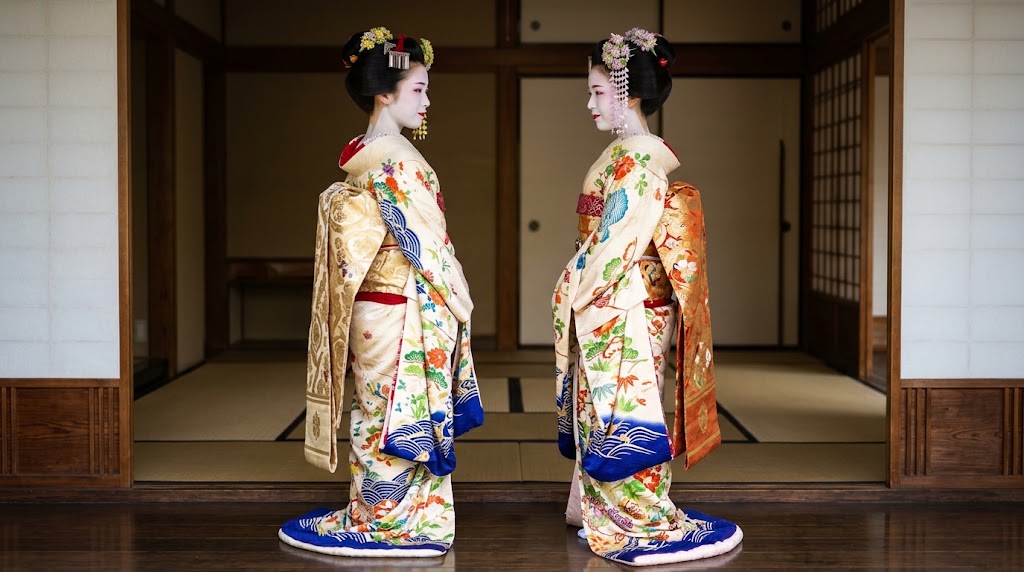 伝統的な座敷で、色鮮やかで豪華な振袖の着物(だらりの帯)を身にまとい、華やかな季節の簪(かんざし)で飾った日本髪を結った二人の舞妓(日本のアジアンビューティー)が、和室の畳や障子の前で優美に立ち、言葉を交わす様子。上七軒の伝統と格式ある花街文化を象徴する、息をのむほど美しい舞妓の装い。
