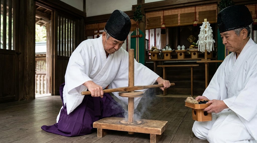 貴船神社の本殿で古式の道具ロクロヒキリを引いて煙を上げ火を起こす火鑚神事