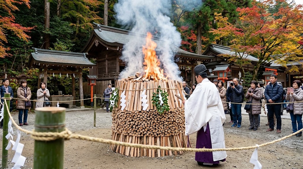 貴船神社特有の円柱型御火焚竈に奉納された護摩木を焚き上げる白装束の神職