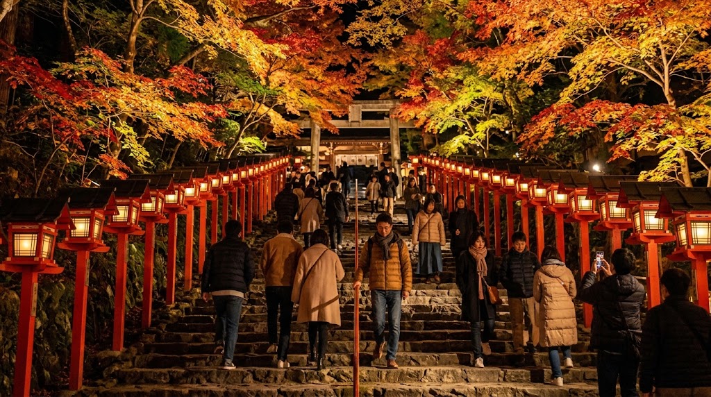 朱色の春日灯籠と鮮やかに色づいた紅葉が照らし出された夜の貴船神社本宮表参道