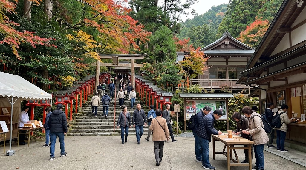 紅葉が色づき始めた貴船神社の本宮境内で火焚串の祈願受付に並ぶ参拝者