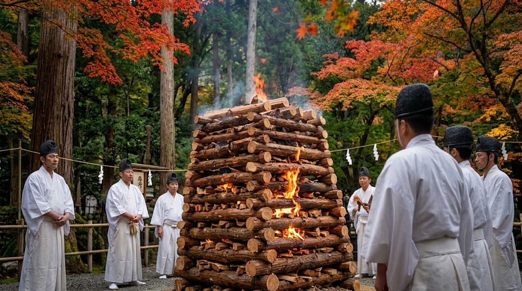 貴船神社の御火焚祭にて、紅葉に囲まれた森の中で、白い神職の衣装を着た日本人男性たちが、積み上げられた薪に忌火を灯す火焚神事の様子。
