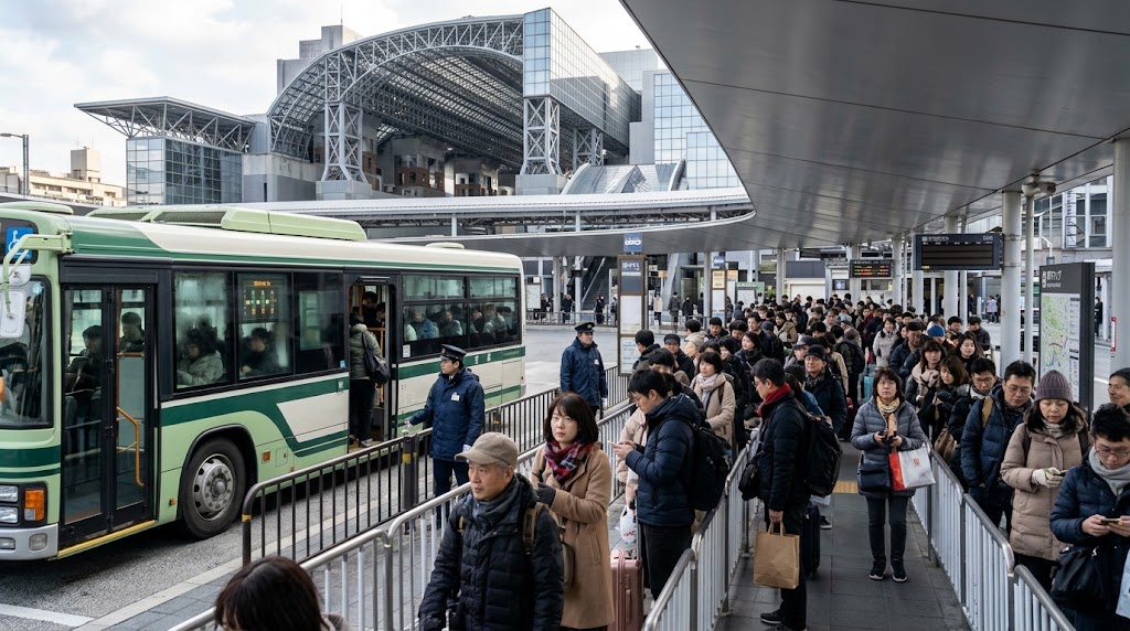 冬の京都駅烏丸口バスターミナルで、北野天満宮方面行きの市バスを待つ人々の長い行列。防寒着を着た大勢の乗客が誘導柵に沿って並び、緑と白のツートンカラーの市バスに乗車する様子と、背後に広がる近代的な京都駅ビルの外観。
