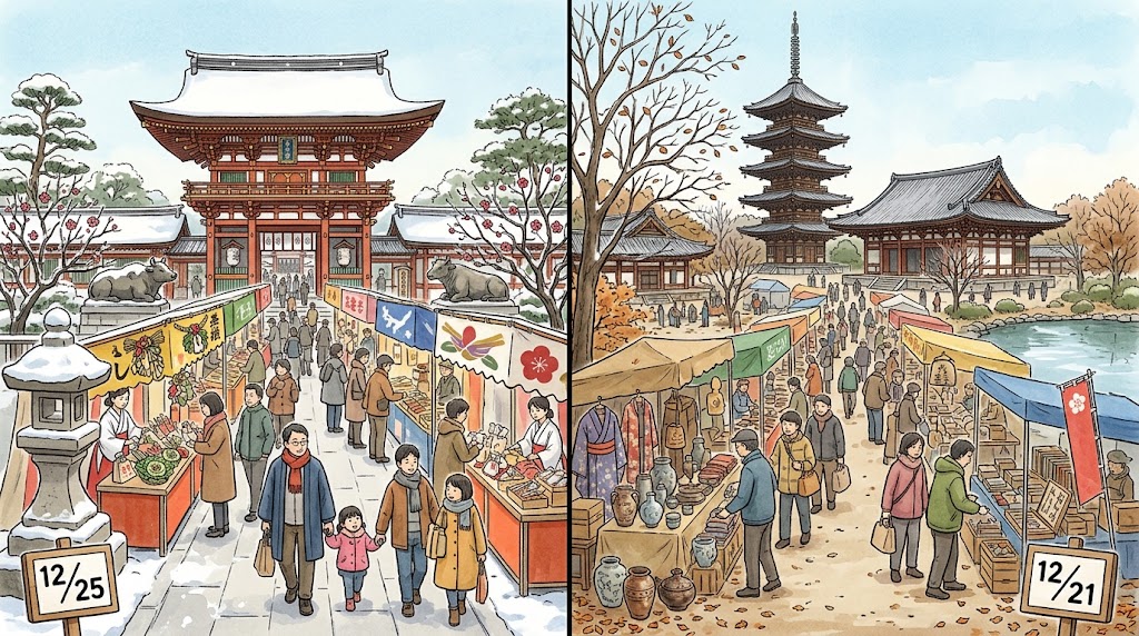 京都の年末の二大縁日を描いた2分割のイラスト。左側は12月25日の北野天満宮「終い天神」で、雪化粧の三光門や牛の像を背景に、正月飾りや大福梅を求める参拝客で賑わう様子。右側は12月21日の東寺「終い弘法」で、五重塔を背景に、骨董品や古着などの市を巡る人々を描いた対比図（日付は12/25と12/21）。