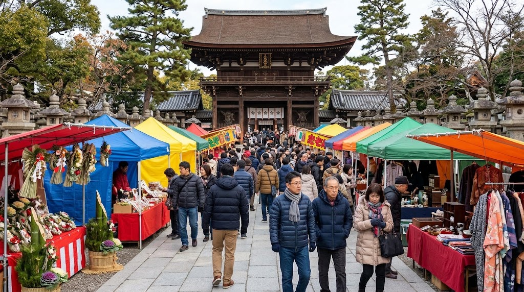 京都の北野天満宮で12月25日に開かれる「終い天神」の参道。歴史ある三光門を背景に、正月飾りや日用品、衣類などを売るカラフルなテントの露店がびっしりと立ち並び、防寒着を着た大勢の参拝客で混雑する年の瀬の縁日の様子。