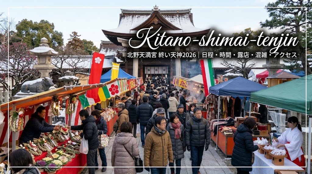 冬の雪がうっすらと積もる京都・北野天満宮で、12月25日に開催される「終い天神（天神市）」の賑やかな様子。参道には正月飾りのしめ縄や大福梅を扱う色とりどりの露店が並び、防寒着を着た多くの参拝客や買い物客が行き交う、活気に満ちた年の瀬の風景。