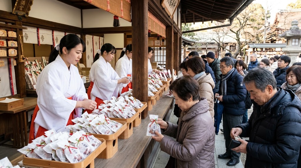 北野天満宮の授与所で、正月の縁起物「大福梅（おおふくうめ）」の白い袋を参拝客に手渡す、白衣に緋袴姿の巫女たち。防寒着を着た多くの参拝客が列を作り、両手で恭しく袋を受け取ったり、初穂料を準備したりしている、冬の境内の授与風景。