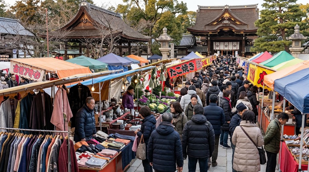 京都の北野天満宮で12月25日に開かれる「終い天神」の参道。歴史ある三光門を背景に、正月飾りや日用品、衣類などを売るカラフルなテントの露店がびっしりと立ち並び、防寒着を着た大勢の参拝客で混雑する年の瀬の縁日の様子。