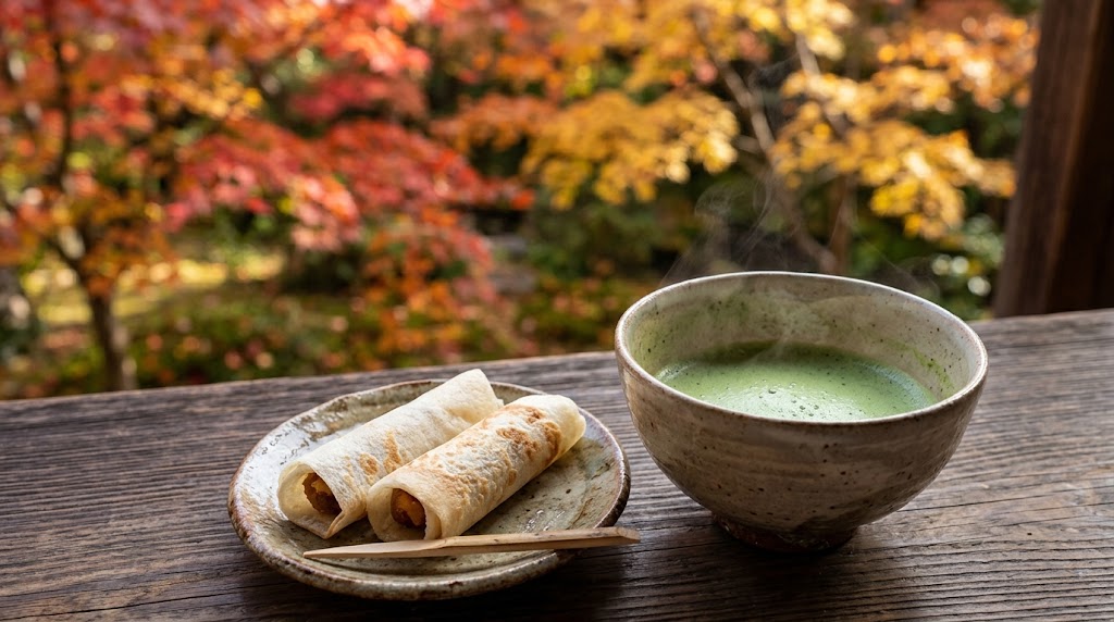 北野天満宮もみじ苑の茶席で振る舞われる、利休ゆかりの伝統菓子「麩の焼（ふのやき）」と温かい抹茶。背景には鮮やかに色づいた秋の紅葉が広がる、風情あるお茶の時間。