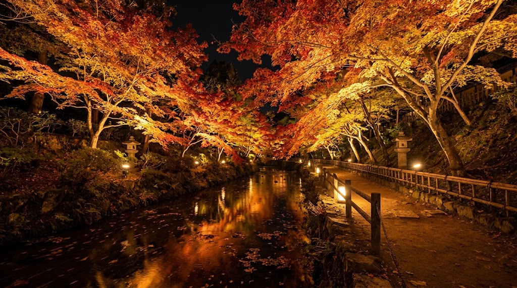 夜間ライトアップで黄金色や深紅に浮かび上がる北野天満宮もみじ苑の紅葉。紙屋川の水面に映る鮮やかな光と、夜の散策路を照らす情緒ある灯籠やライトの幻想的な景色。
