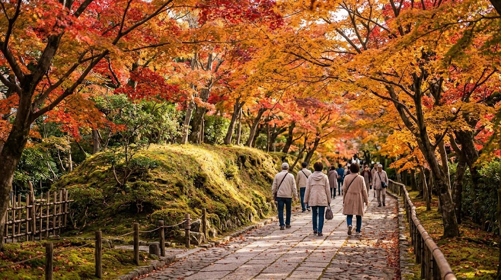 豊臣秀吉が築いた史跡「御土居」の土塁沿いに続く、秋の北野天満宮もみじ苑の散策路。石畳の道を歩きながら、頭上を覆う見事な赤や黄色の紅葉を見上げる日本の観光客たち。
