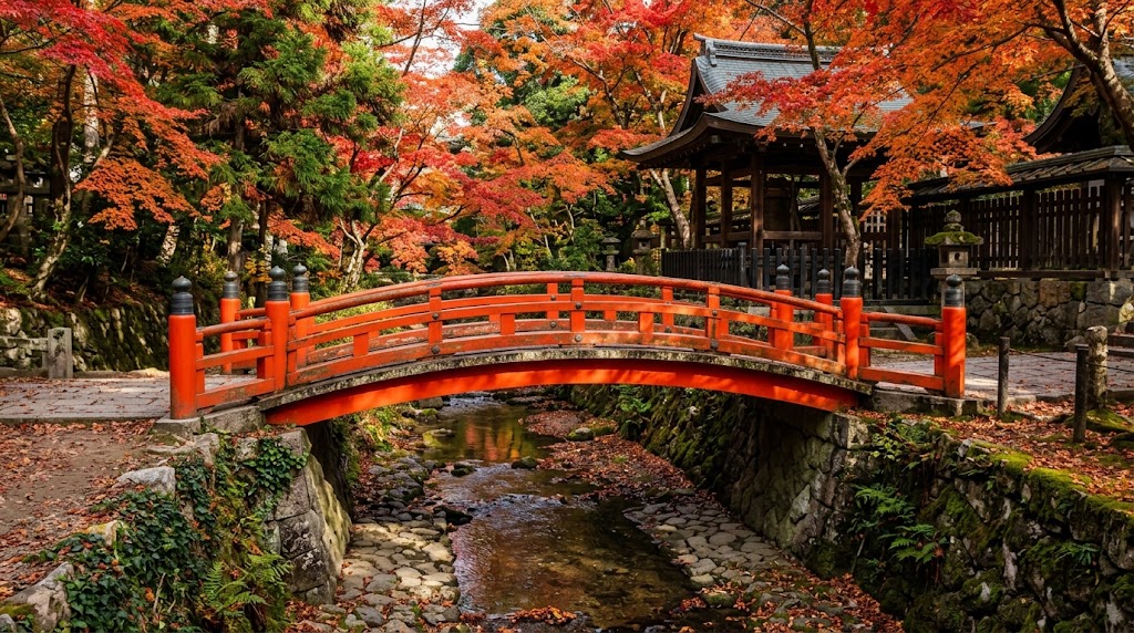 京都・北野天満宮のもみじ苑に架かる朱塗りの鶯橋（太鼓橋）と、その下を流れる紙屋川。周囲を埋め尽くす鮮やかな赤やオレンジの紅葉と、歴史ある社殿が調和する秋の絶景。