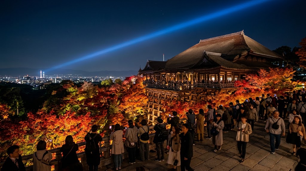 清水寺の秋の夜間特別拝観にて、ライトアップされた紅葉と「清水の舞台」が幻想的に浮かび上がり、遠くに京都市街の夜景と青い観音慈悲光が見える様子。