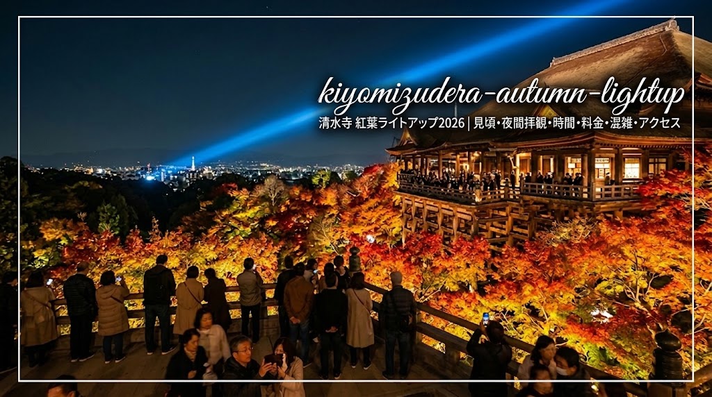 夜空を貫く青い光「観音慈悲光」と、色鮮やかにライトアップされた紅葉に囲まれる夜の清水の舞台。手前の展望エリアから幻想的な景色を眺める多くの参拝客の様子。