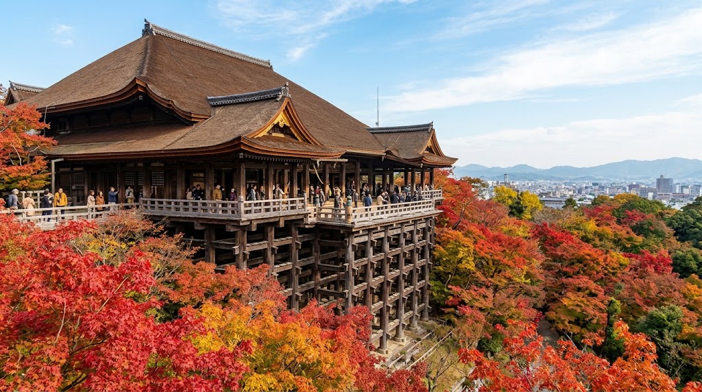 秋の紅葉に包まれる京都・清水寺の本堂と「清水の舞台」。多くの参拝客が舞台から色づく山あいや遠くの京都市街の景色を眺めている様子。