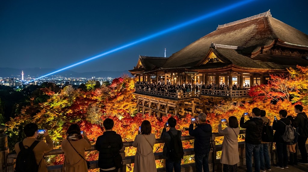 奥の院から見渡す、夜間特別拝観中の清水寺本堂(清水の舞台)。夜空に伸びる青い光「観音慈悲光」と、ライトアップされた深紅の紅葉、手前でスマートフォンを向ける参拝客たち。