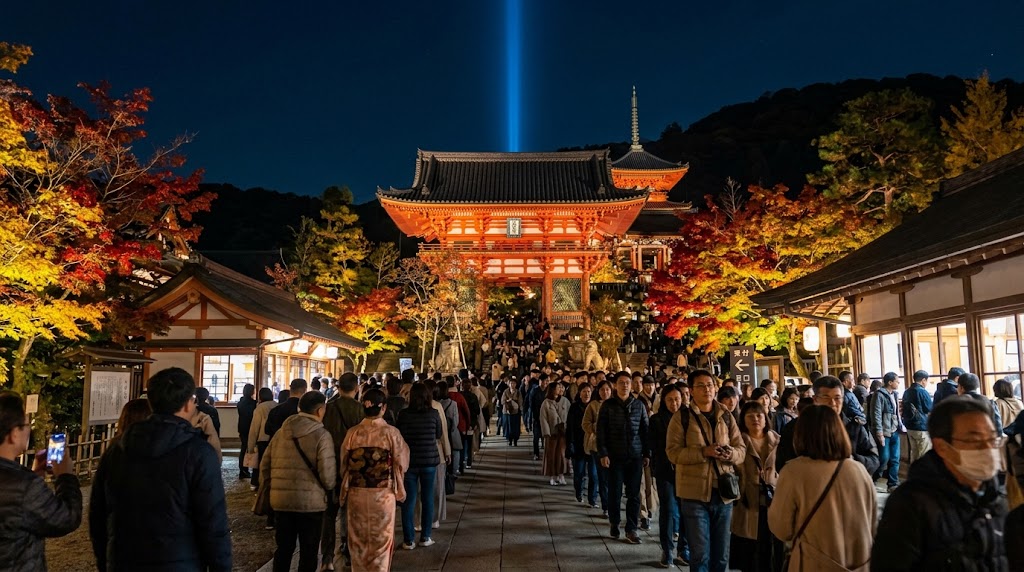夜間特別拝観で賑わう夜の清水寺仁王門前。鮮やかにライトアップされた門や三重塔と、門前で受付や入場を待つ多くの参拝客による混雑した待機列の様子。