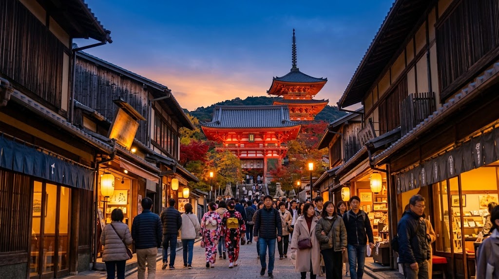 夕暮れ時の京都・東山の清水坂(二年坂周辺)。ライトアップされた店舗の明かりと遠くに見える法観寺の五重塔(八坂の塔)、坂道を上る多くの参拝客の風景。