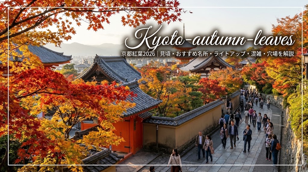 色鮮やかな紅葉に彩られた秋の京都の寺院と参道を歩く観光客。背景に五重塔と京都の街並み、山々が広がる