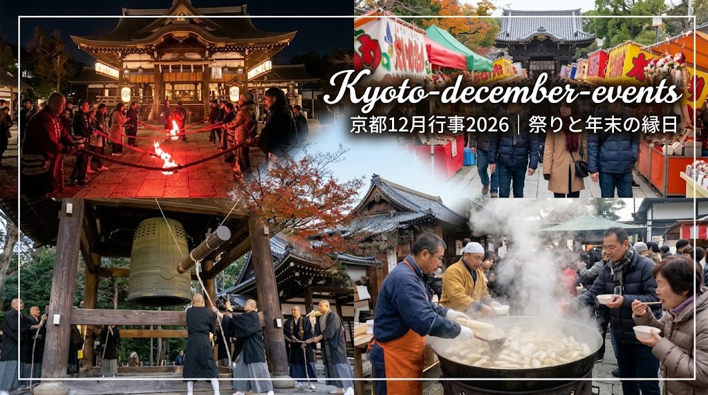 をけら詣り、終い市、除夜の鐘、大根焚きなど、12月の京都の伝統行事と年の瀬の賑わいを描いたコラージュ画像