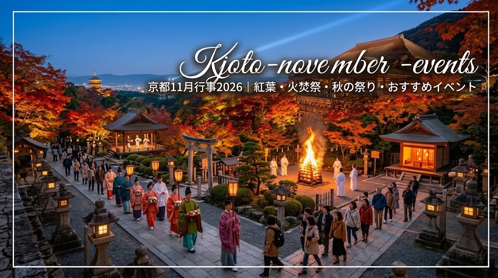 2026年11月の京都で開催される伝統行事（護王神社・亥子祭、祇園東・祇園をどり、貴船神社・御火焚祭、神泉苑・大念仏狂言、清水寺・秋の夜間特別拝観）のコラージュ画像。紅葉に彩られた秋の京都の文化を感じさせるアイキャッチ画像。