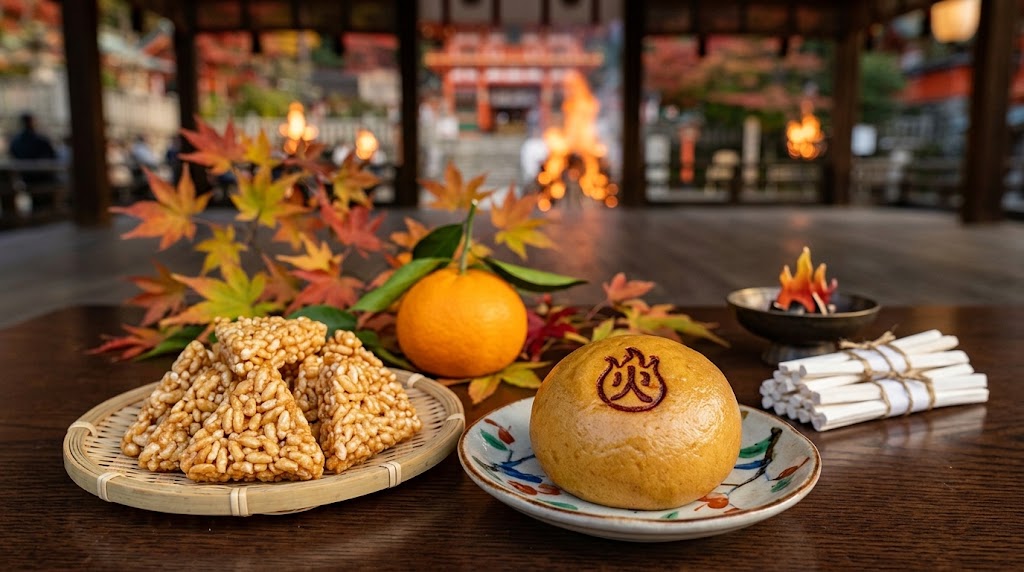 京都のお火焚き行事で親しまれるお火焚饅頭・三角おこし・みかんの縁起物